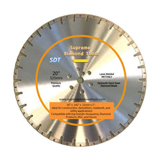 20" Supreme Diamond Hydraulic Hand Saw Blade with 12mm laser-welded diamond segments for wet cutting concrete and masonry