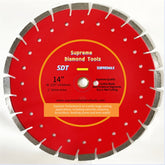 A red diamond saw blade with white and grey detailing, labeled 'SUPREME DIAMOND TOOLS' and '14-20 INCH'.