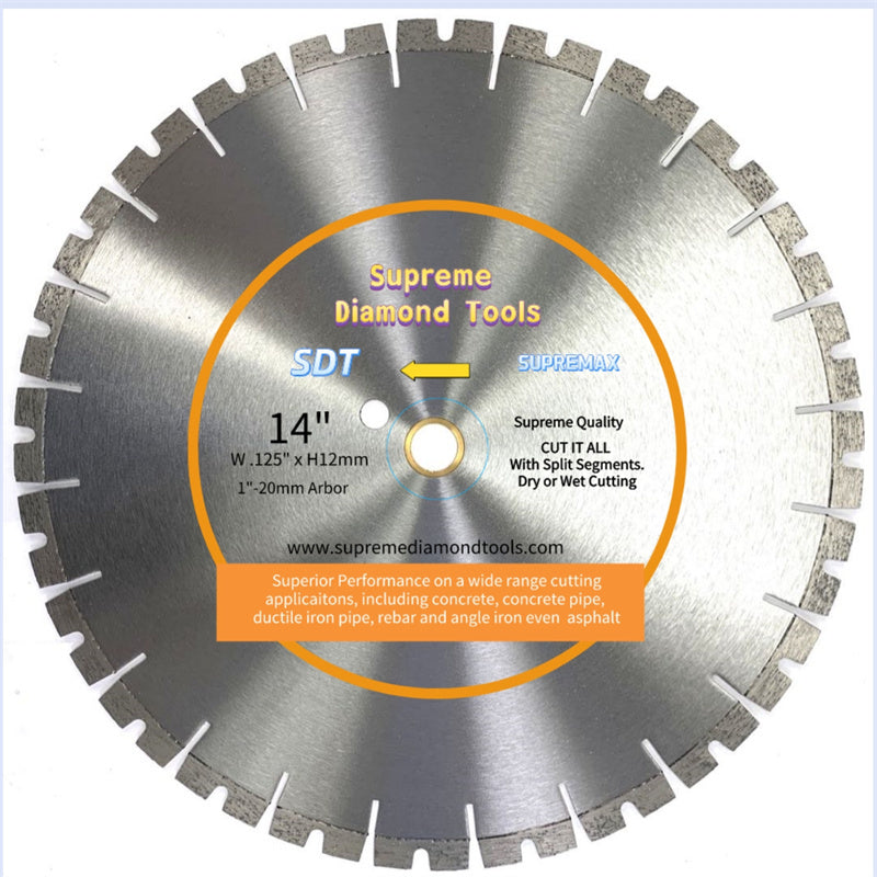 upreme GP-TM series 14 inch split segment cut-all diamond blade for concrete, ductile iron pipe, and asphalt.