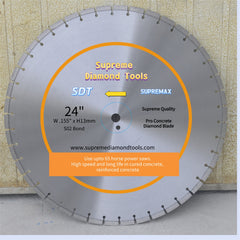 High-production 24-inch diamond saw blade featuring laser-welded segments and high diamond concentration for reinforced concrete.