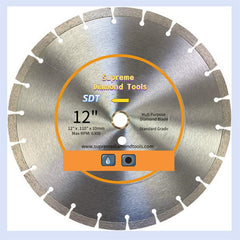 12-inch diamond saw blade specifications: 10mm segment height, .110-inch width, and 1-inch to 20mm arbor bushing