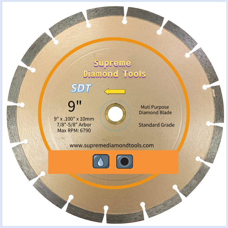 9 inch segmented diamond blade designed for cutting concrete, stone, masonry, and block materials