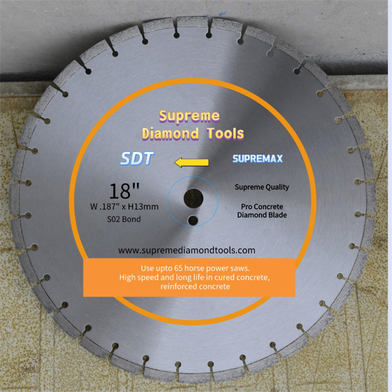 Supreme Diamond concrete saw blade designed for high-power 65 HP saws.